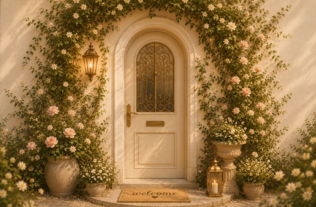 A cozy wooden door surrounded by plants